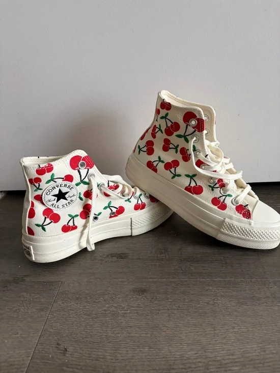 Converse High Top Sneakers - Cream with Red Cherry Print - Picture 1 of 2